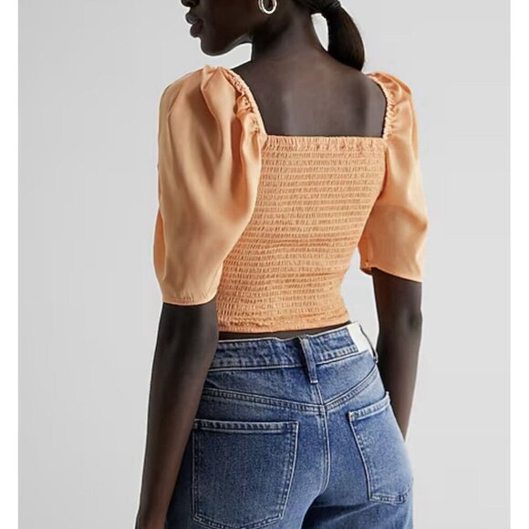 Express Women's Satin V-Bar Puff Sleeve Ruched Pleated Top Apricot Sz XS NWT $58 - Picture 4 of 16
